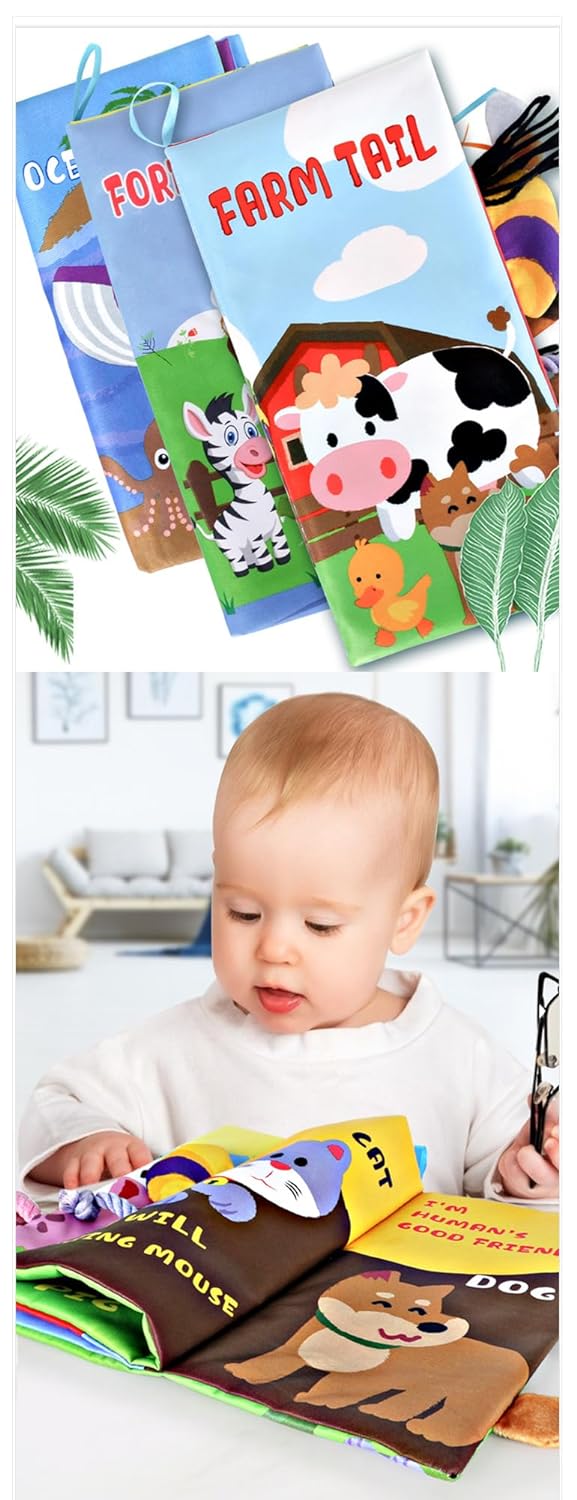 Jungly Tails Soft Book for Babies - Animal Tails Cloth Baby Book - 3 Themes Jungle, Farm & Ocean Tails- Sensory Baby Toys Infant Books -0-18 Months- Pack of 3