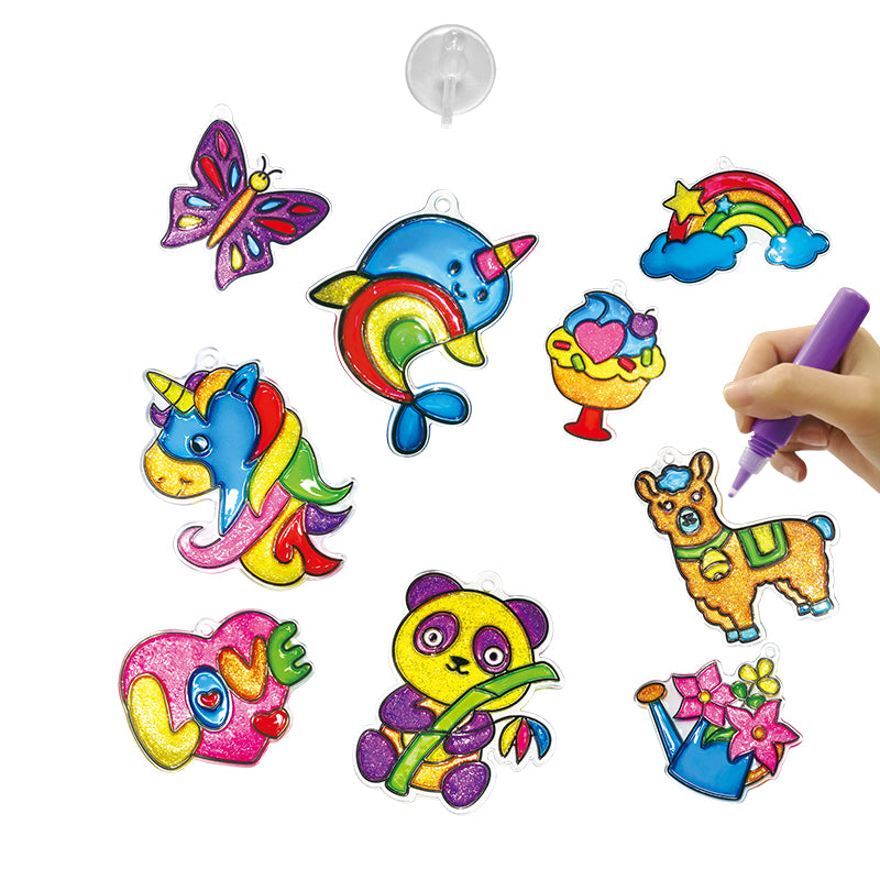 DIY Glitter Window Art for Kids-12 Suncatchers- 8 Peelable Window Paints Stained Glass Effect Acrylic Arts & Crafts Kit