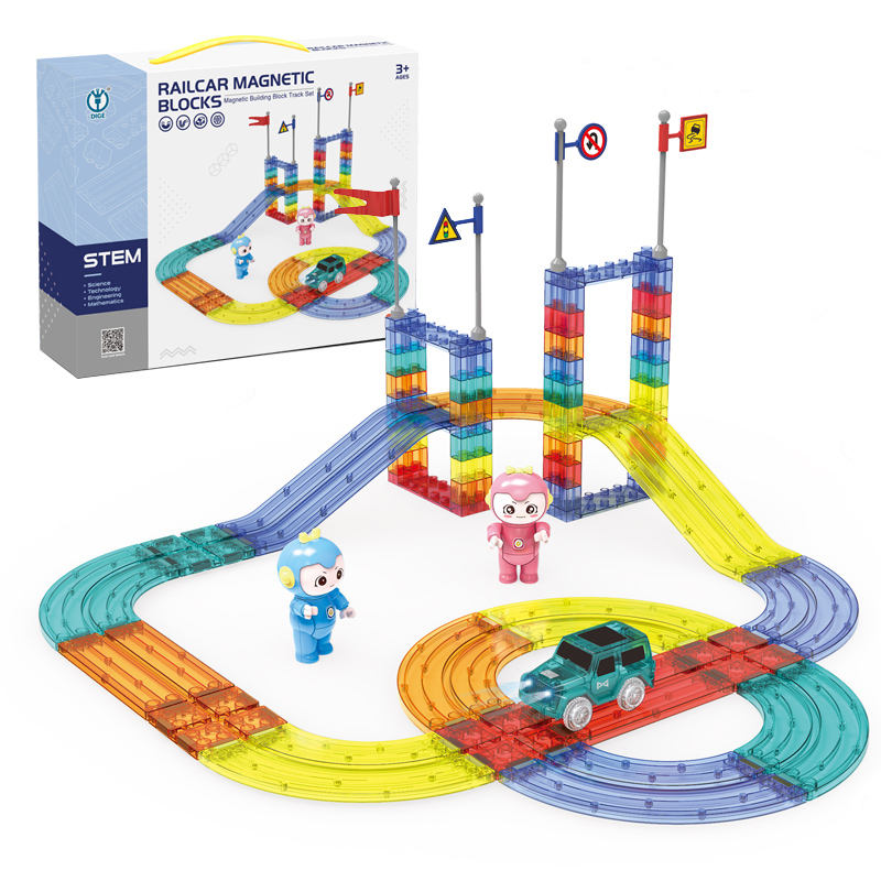 63 Pcs Magnetic Race Car Track with 1 LED Car STEM Educational Playset.