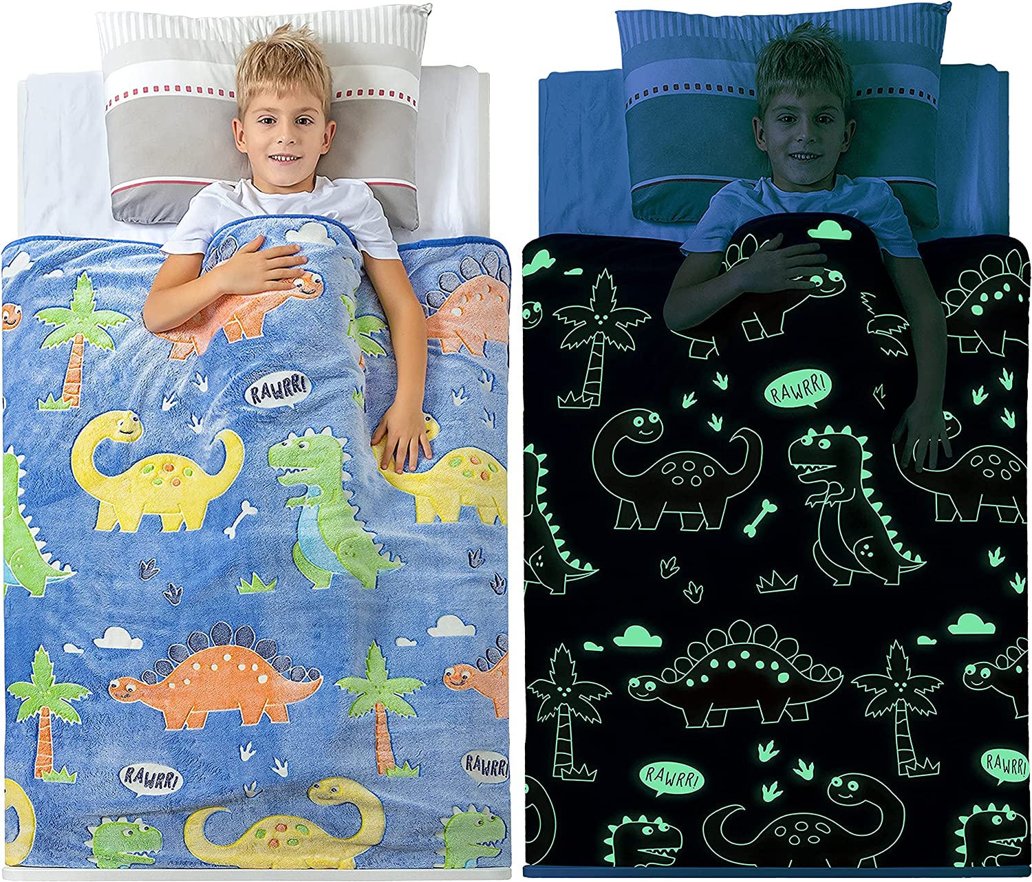 Blue Dinosaur Glow in The Dark Soft & Cozy Blanket- 80 x 60 inch