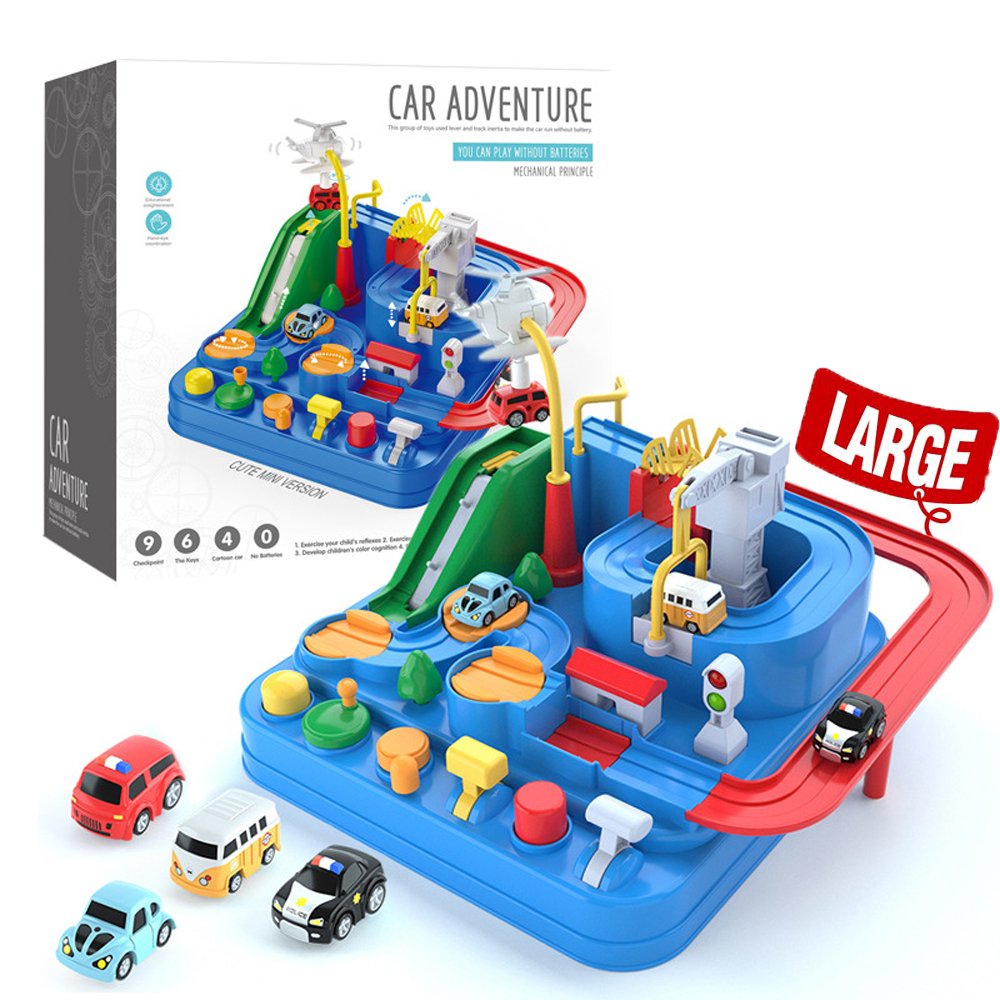 4 Car Adventure Race Track set -Large Car Rescue Toys-Vehicle Playset for Kids