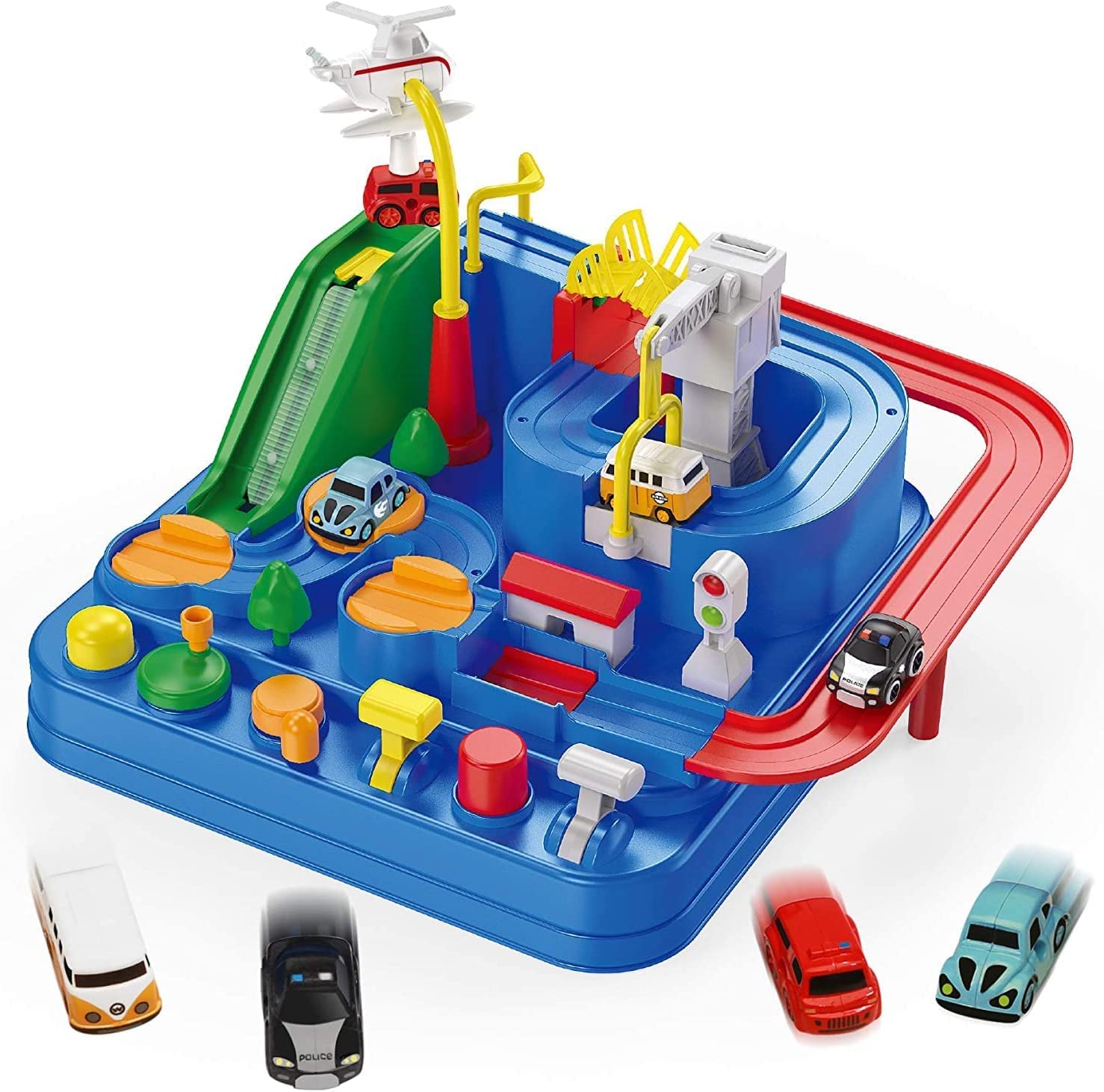 4 Car Adventure Race Track set -Large Car Rescue Toys-Vehicle Playset for Kids