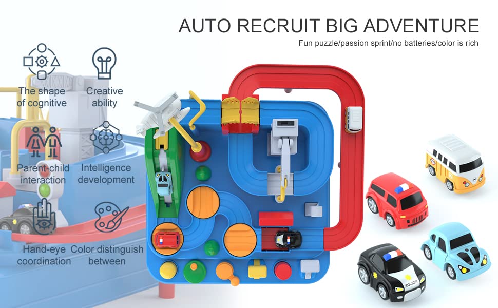 4 Car Adventure Race Track set -Large Car Rescue Toys-Vehicle Playset for Kids