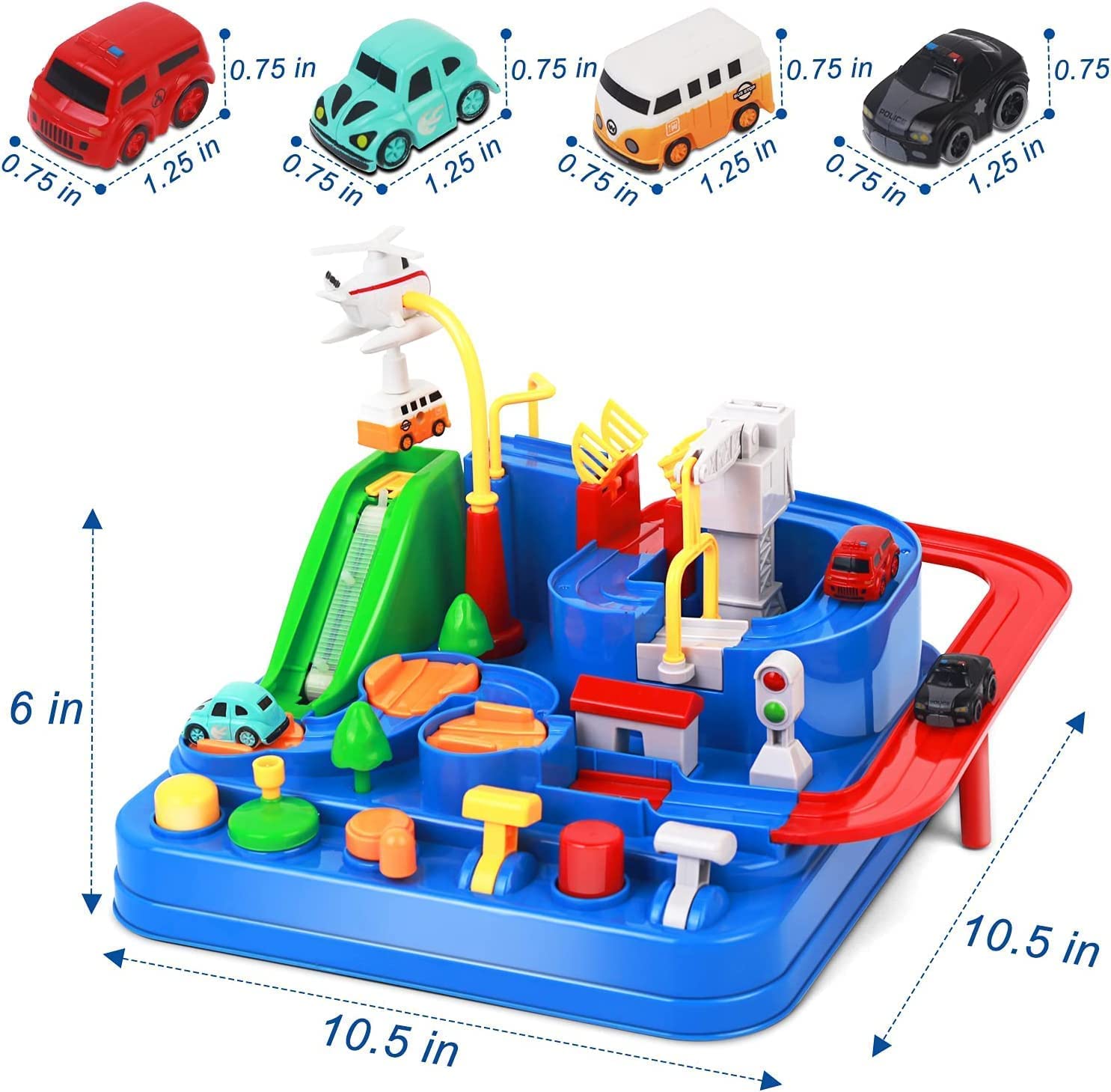 4 Car Adventure Race Track set -Large Car Rescue Toys-Vehicle Playset for Kids