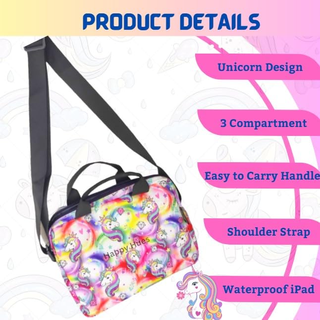 Kids iPad Bag with Handle & Shoulder strap- 3 compartments-Unicorn Design -11inch x 9 inch