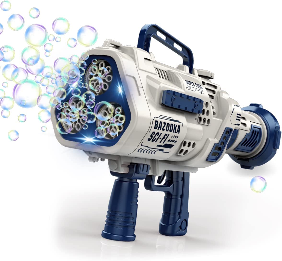 Bazooka Automatic Bubble Gun Machine- 24 Hole LED Lights- Attachable Bubble Solution- USB Rechargeable