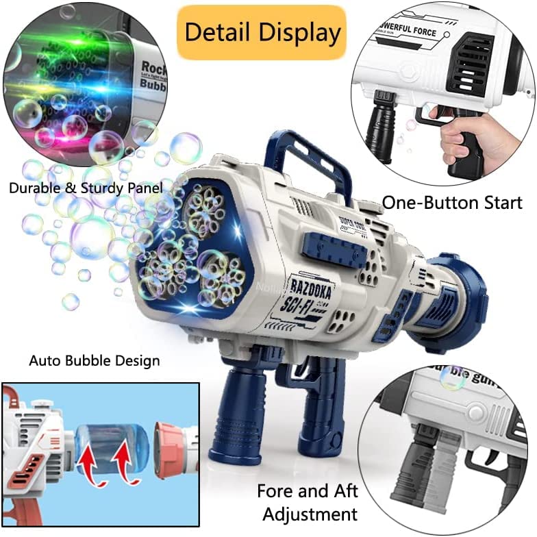 Bazooka Automatic Bubble Gun Machine- 24 Hole LED Lights- Attachable Bubble Solution- USB Rechargeable