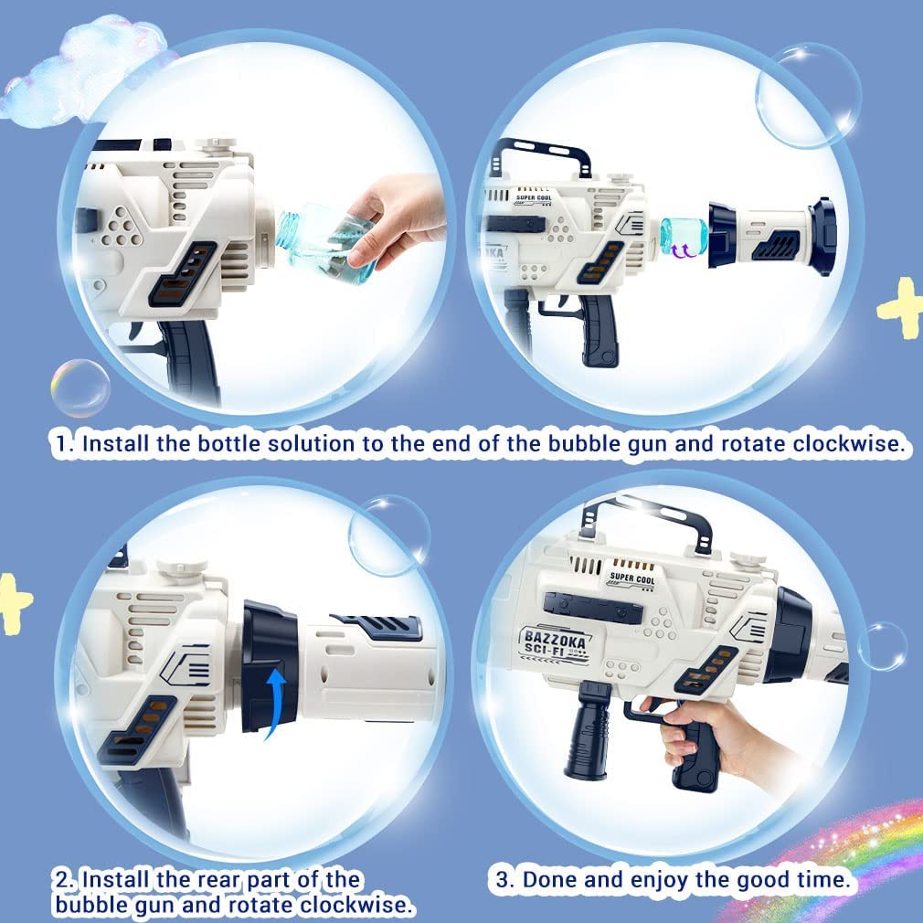 Bazooka Automatic Bubble Gun Machine- 24 Hole LED Lights- Attachable Bubble Solution- USB Rechargeable