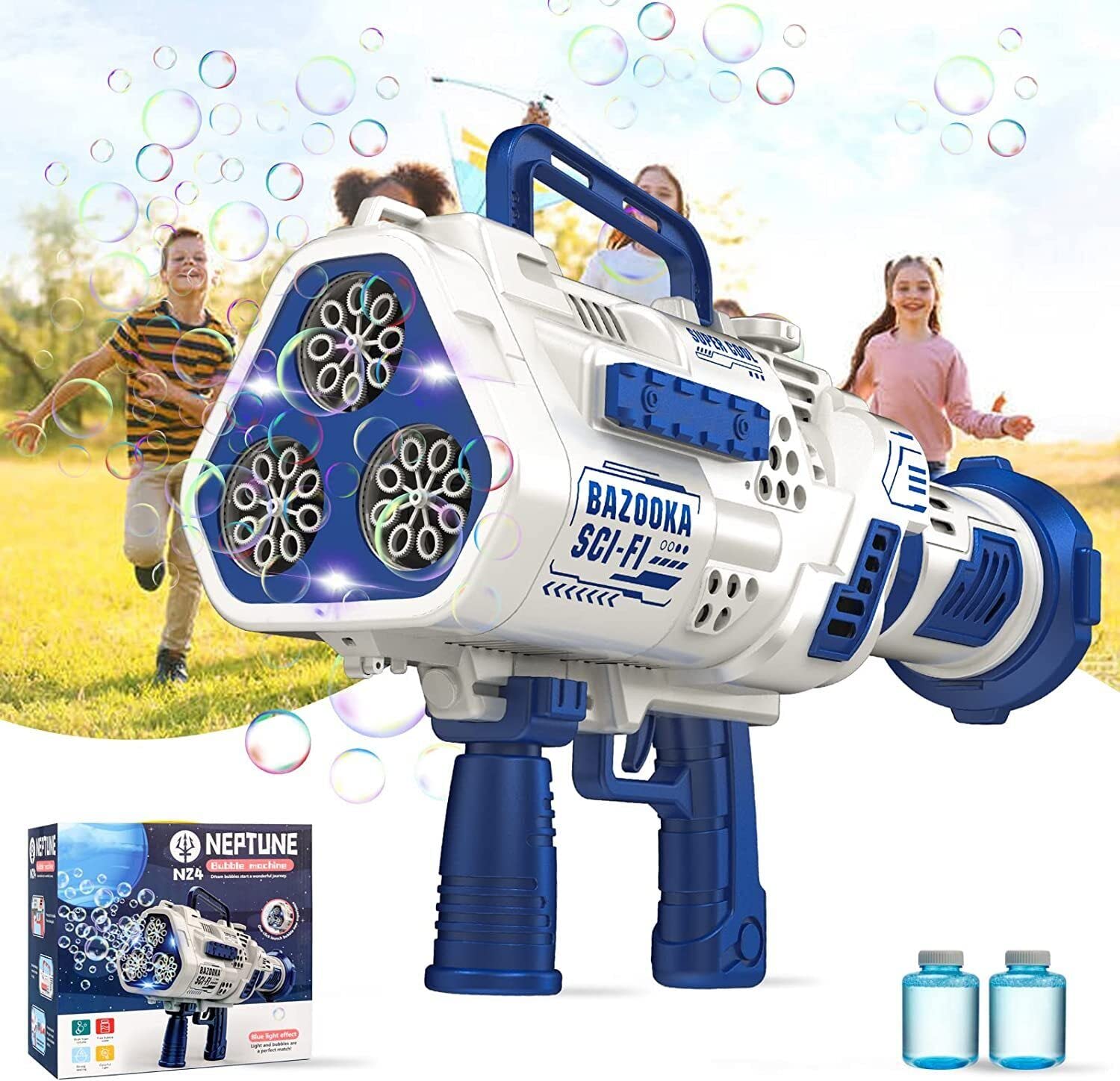 Bazooka Automatic Bubble Gun Machine- 24 Hole LED Lights- Attachable Bubble Solution- USB Rechargeable