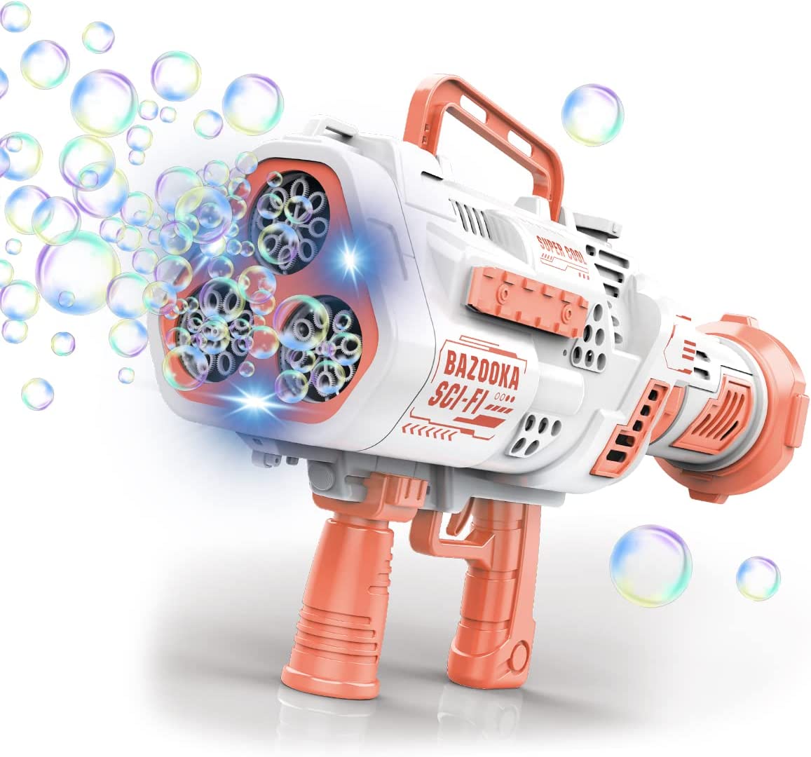 Bazooka Automatic Bubble Gun Machine- 24 Hole LED Lights- Attachable Bubble Solution- USB Rechargeable