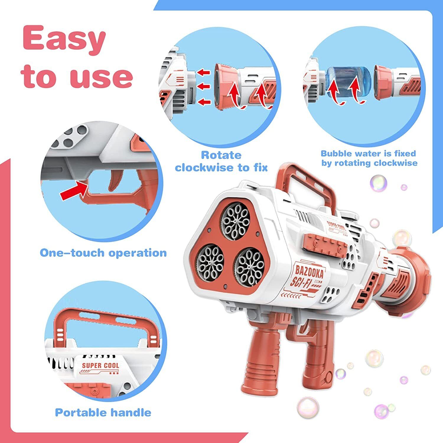 Bazooka Automatic Bubble Gun Machine- 24 Hole LED Lights- Attachable Bubble Solution- USB Rechargeable