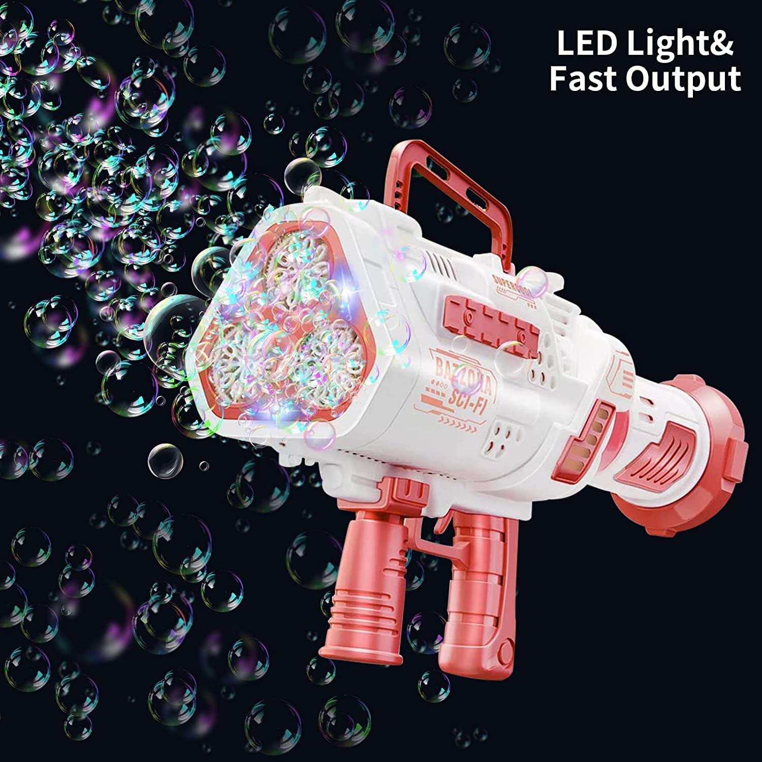 Bazooka Automatic Bubble Gun Machine- 24 Hole LED Lights- Attachable Bubble Solution- USB Rechargeable