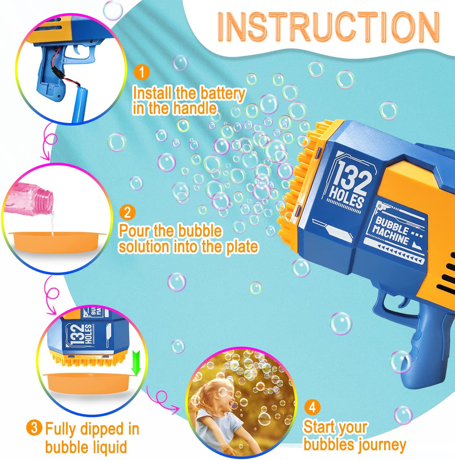 Automatic Bazooka Bubble Gun 132 Holes with Colorful Lights & Bubbles – USB Rechargeable