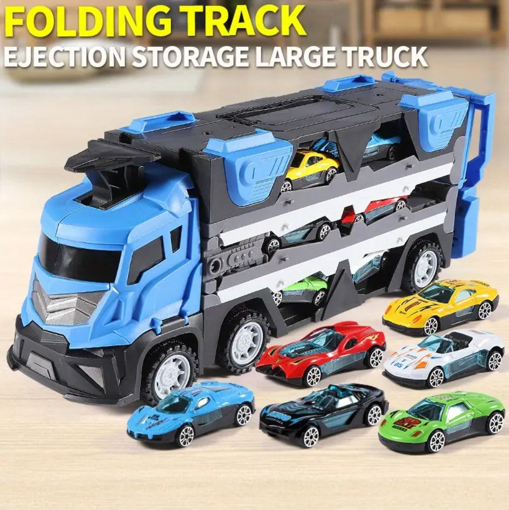 Mega Hauler Truck with Ejection Race Track & Storage Transporter with 6 Diecast Cars