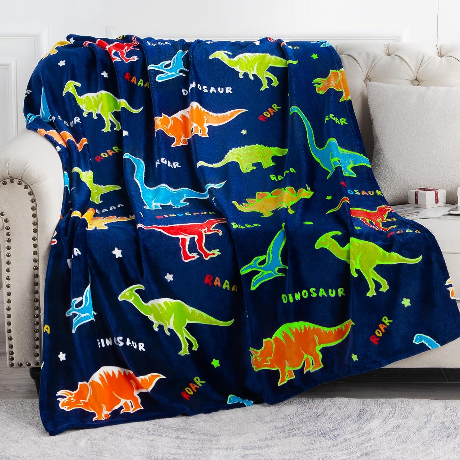 Dinosaur Dark Blue Glow in The Dark Soft & Cozy Blanket- 80 x 60 inch