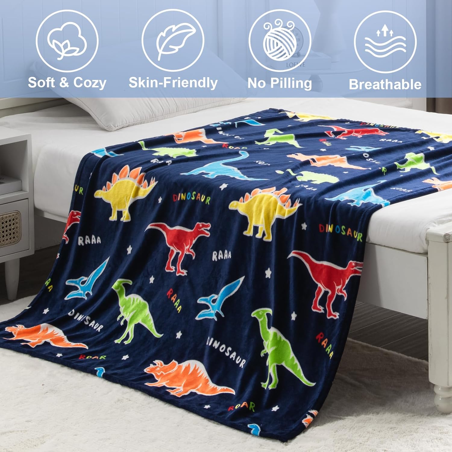 Dinosaur Dark Blue Glow in The Dark Soft & Cozy Blanket- 80 x 60 inch