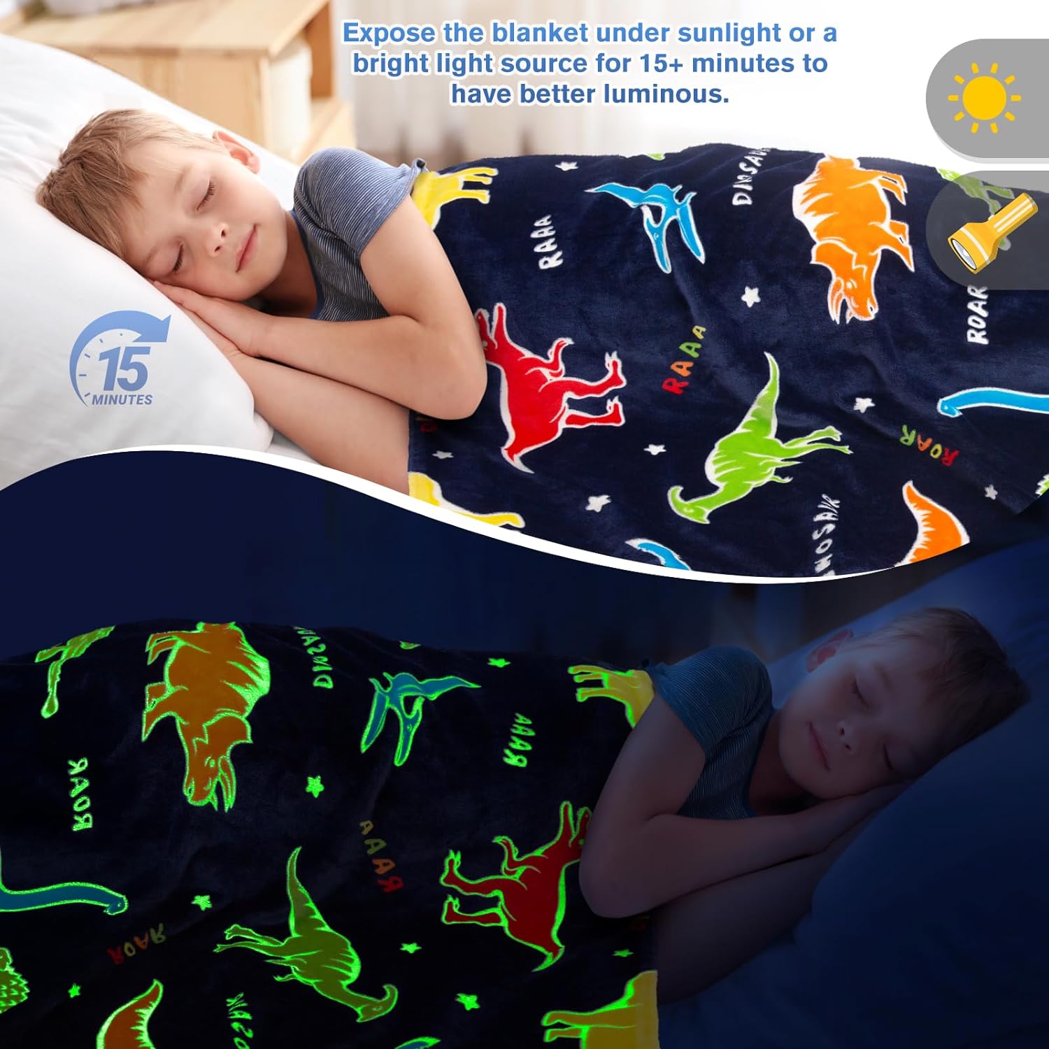 Dinosaur Dark Blue Glow in The Dark Soft & Cozy Blanket- 80 x 60 inch