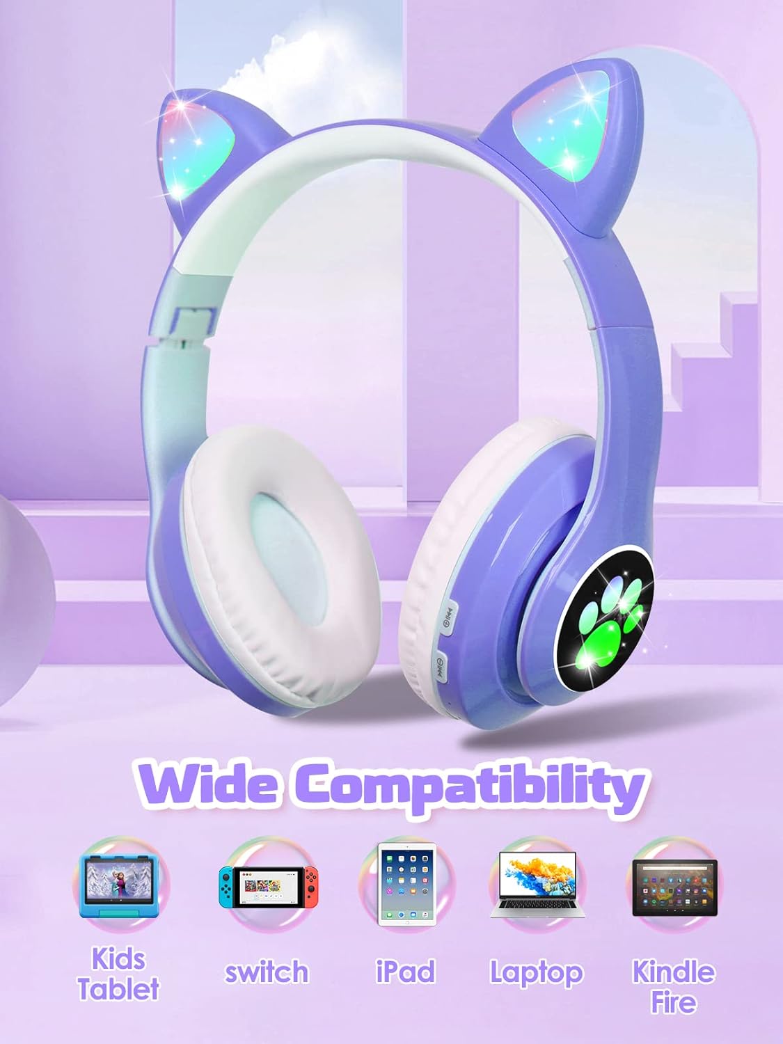 Cute Cat Ear Wireless Headphones- LED Lights, Noise Cancelling & Bluetooth 5.0