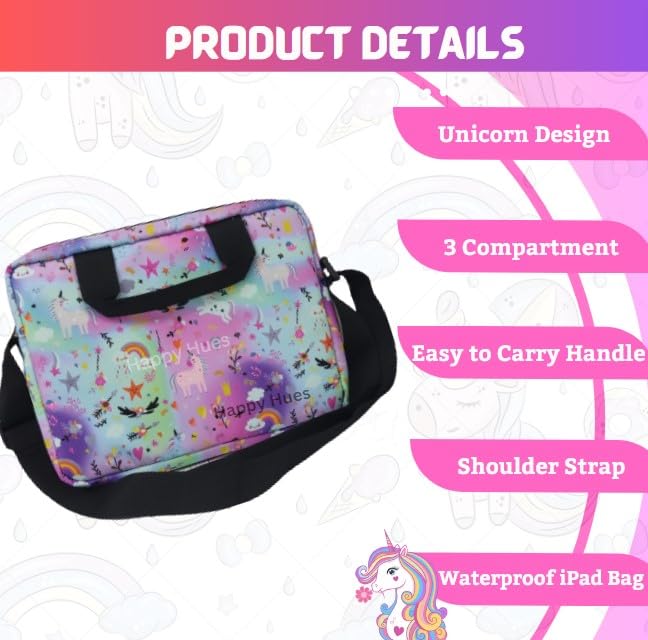 Kids iPad Bag with Handle & Shoulder strap- 3 compartments-Unicorn Design -11inch x 9 inch