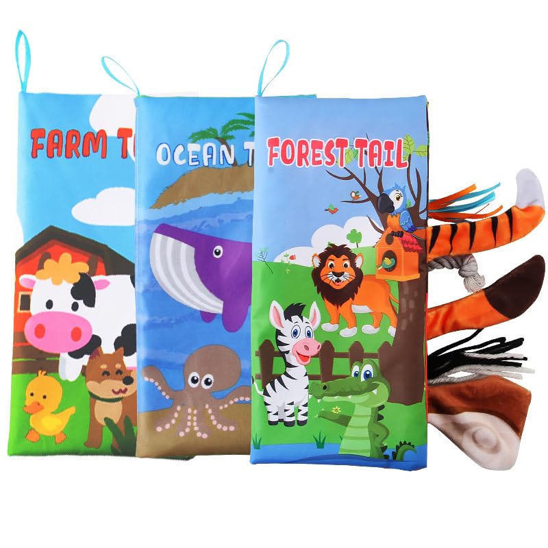 Jungly Tails Soft Book for Babies - Animal Tails Cloth Baby Book - 3 Themes Jungle, Farm & Ocean Tails- Sensory Baby Toys Infant Books -0-18 Months- Pack of 3