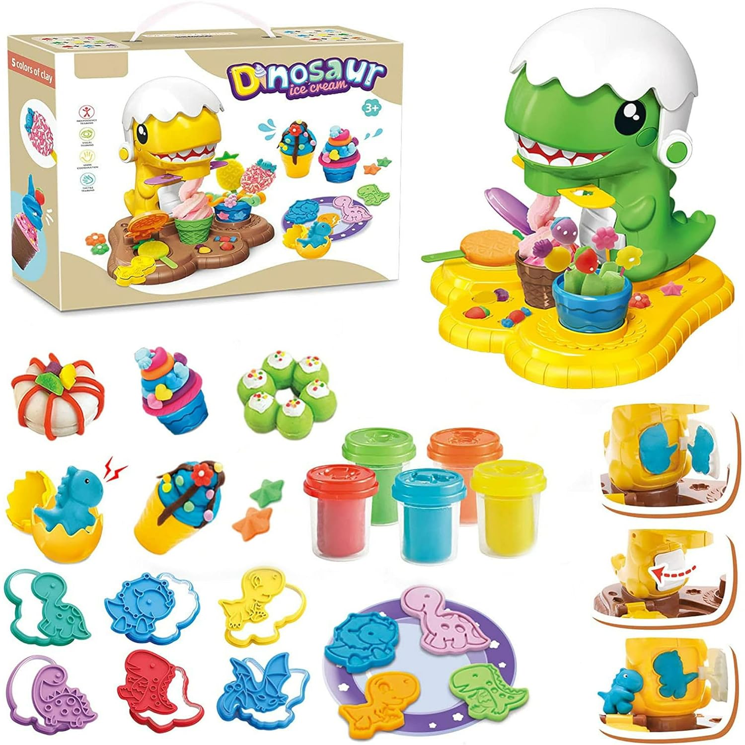 Color Playdough Dinosaur Ice Cream Maker-  Creations Food Creation with Tools, Molds