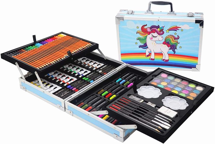 145Pcs Kids Art Set- Includes Oil Pastels, Colored Pencils & Pens, Watercolors & more- Unicorn Blue Aluminum Case