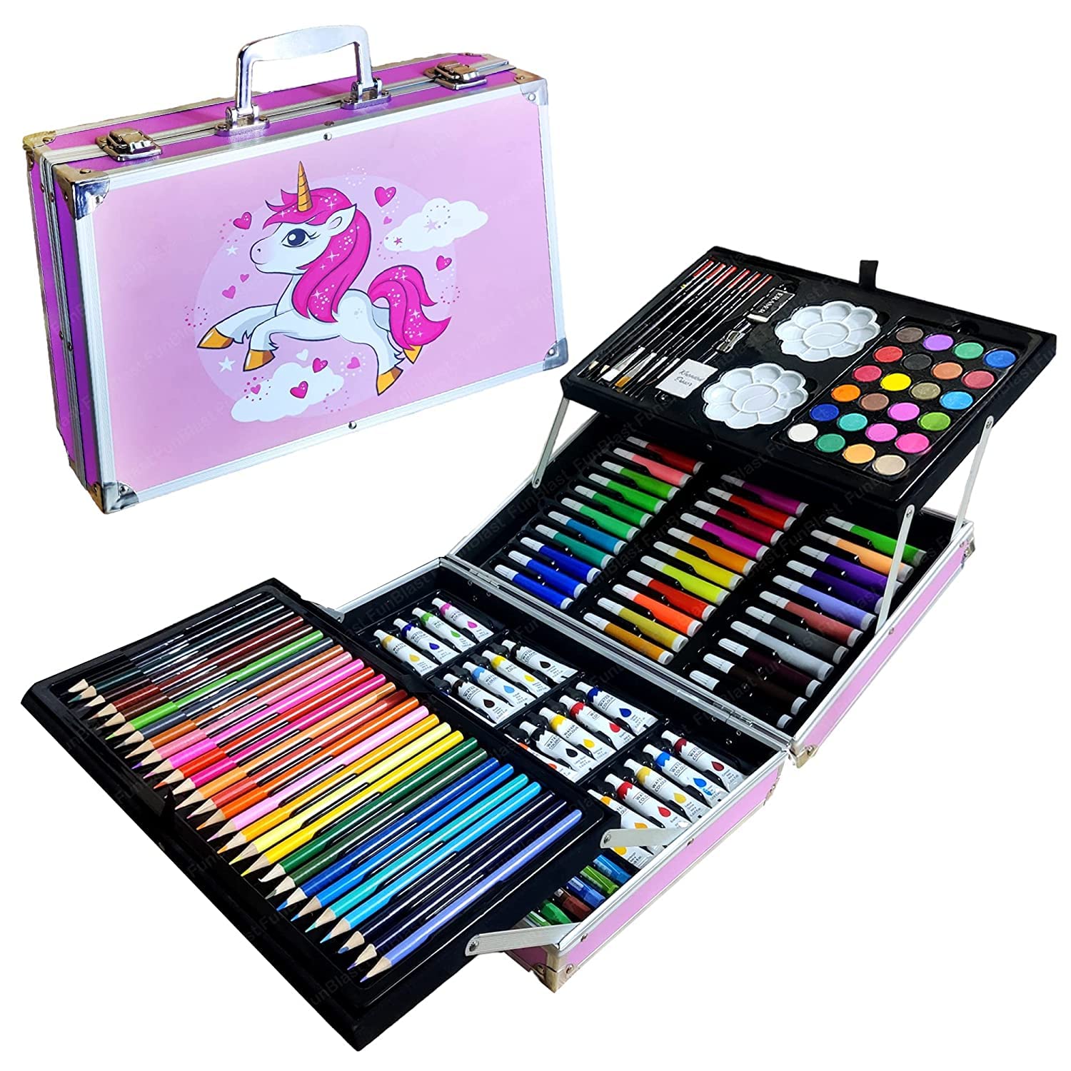 145Pcs Kids Art Set- Includes Oil Pastels, Colored Pencils & Pens, Watercolors & more- Unicorn Blue Aluminum Case