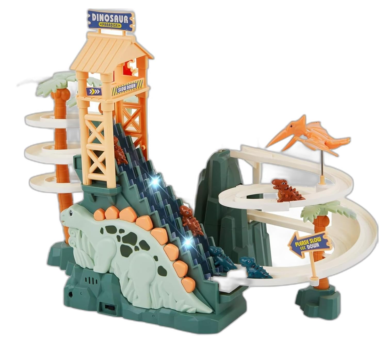 Dinosaur Race Track Climb & Slide Stairs Game Set with Light & Music for Kids- Random Colour