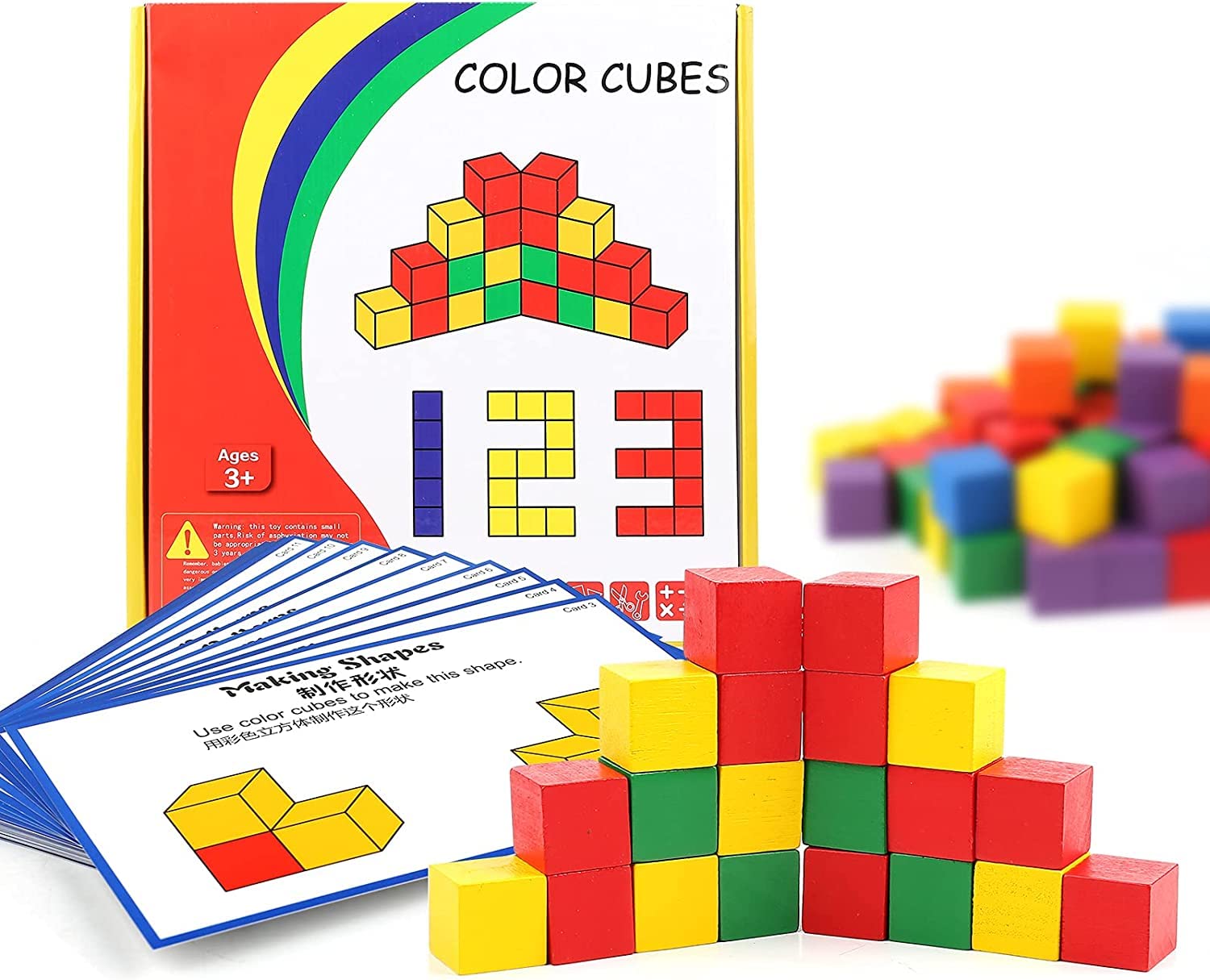 Wooden Cube Building Blocks with 34 Challenge Cards- Brain Teaser Puzzles-78pcs