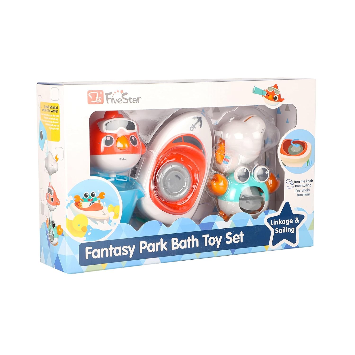 Baby Bath Toys Set- 5 Charming Water Toys – a Bird, Crab, Cloud, Wind up Boat, and Cup for Endless Bath-time Enjoyment for Toddlers and Kids