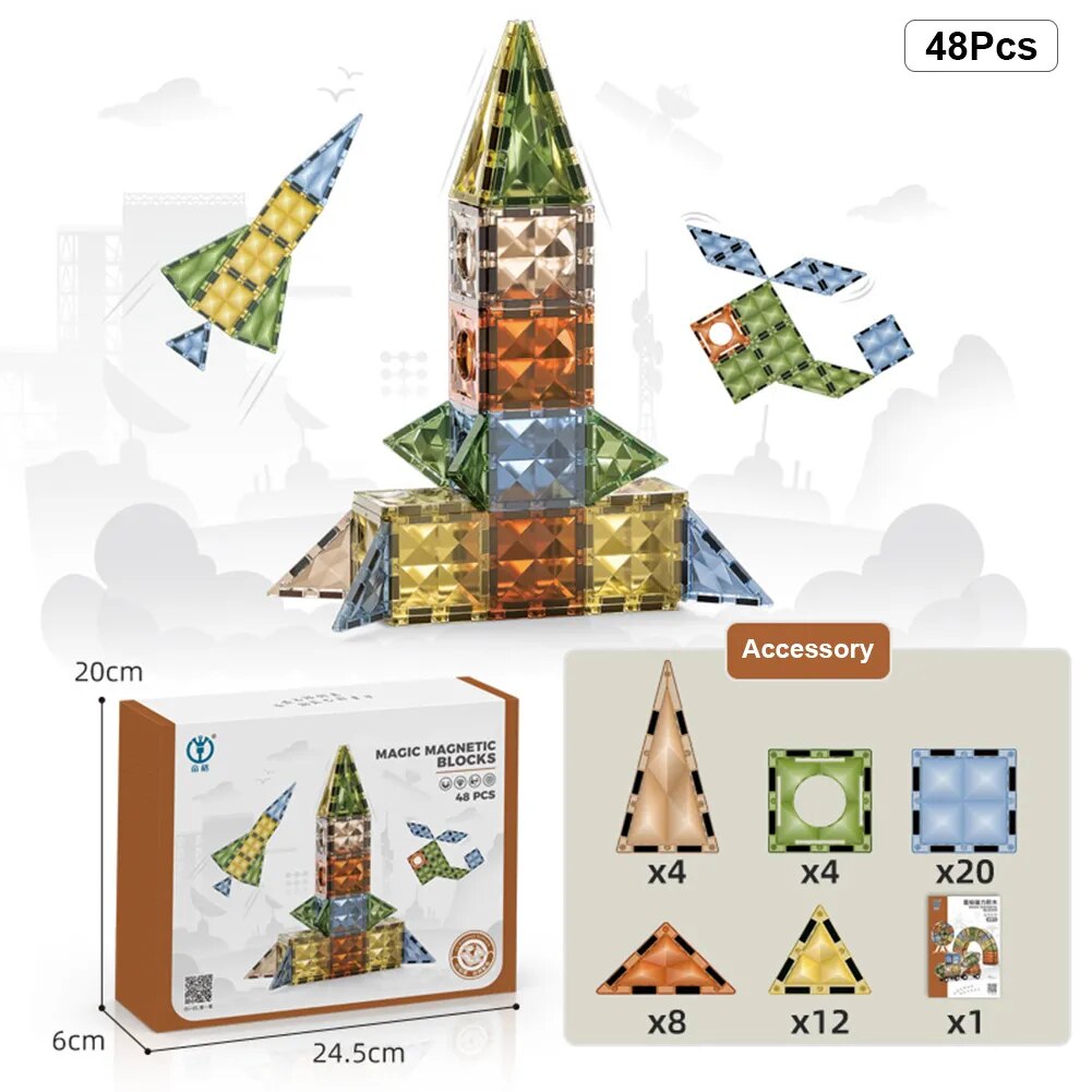 Diamond Magnetic Tiles- 48 pcs Building Blocks for Kids