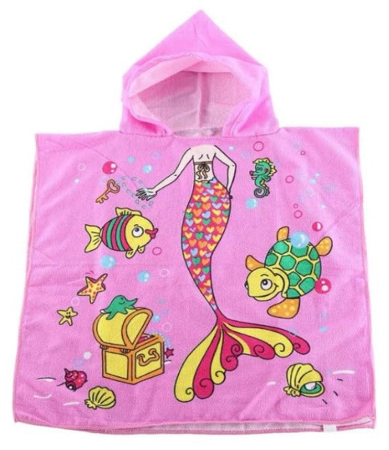 Hooded PIink Mermaid Poncho Kids Beach/Pool/Bath Towels - Lightweight Soft Microfiber Quick Dry Toddler Towel for Ages 4 to 7-29.5inch x 29.5 inch