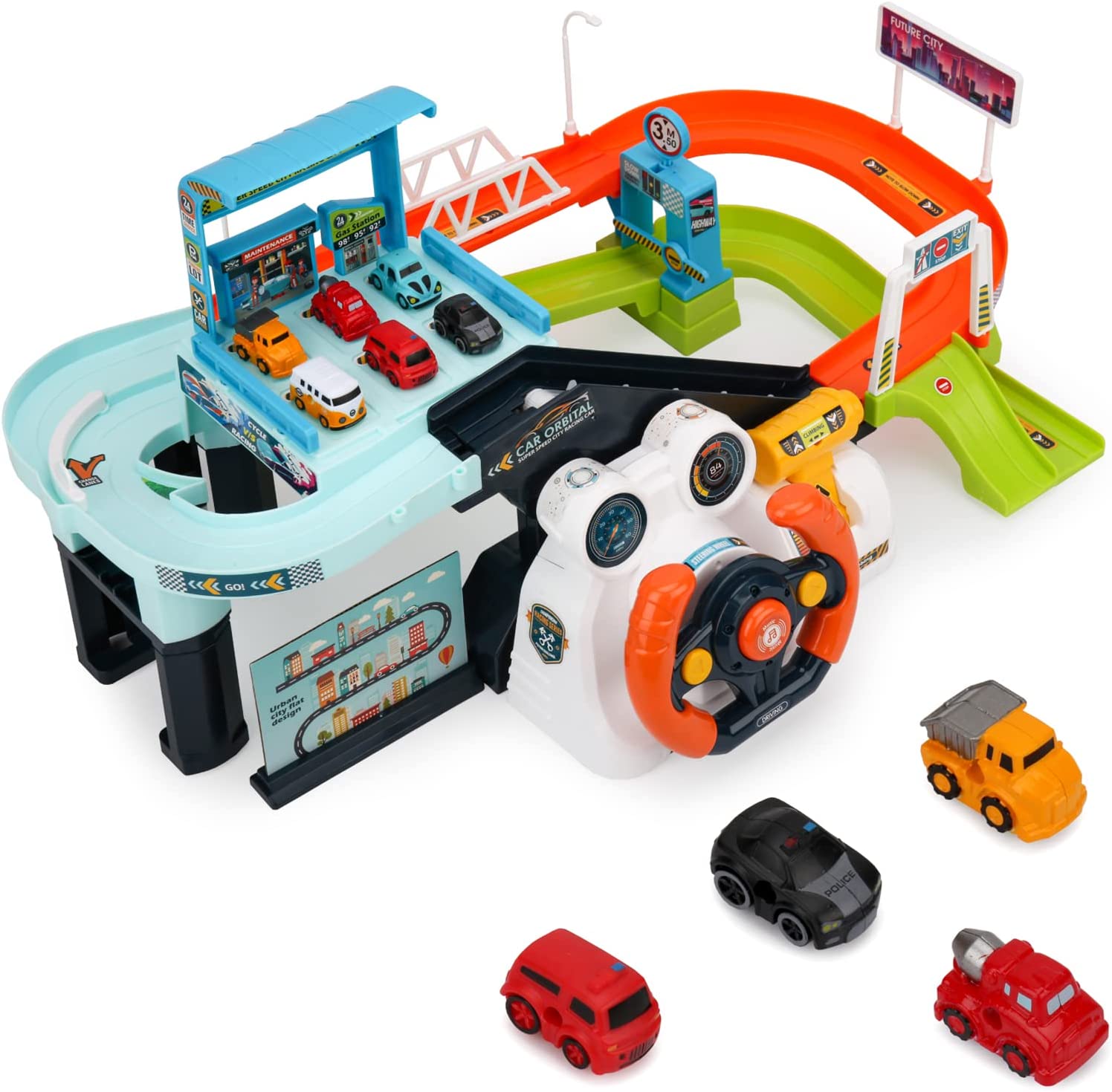 Urban Rail Car Adventure Race Track | Simulated Driving Steering Wheel Musical Toy | Parking Lot Playsets for Kids