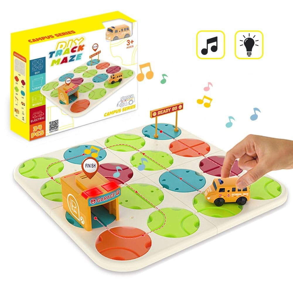 DIY Car Track Puzzle Maze Toy with Light & Music- Logical Brain Teaser Games- 34 Pcs Car Puzzle Toy