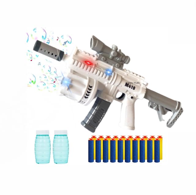 Bubble Gun with Soft Dart Blaster, 8 Music Tones & Light Bubble Blower with 2 Bottles of Bubble Solution (50ml), 8 Soft Bullets| 3 in 1 GunToy