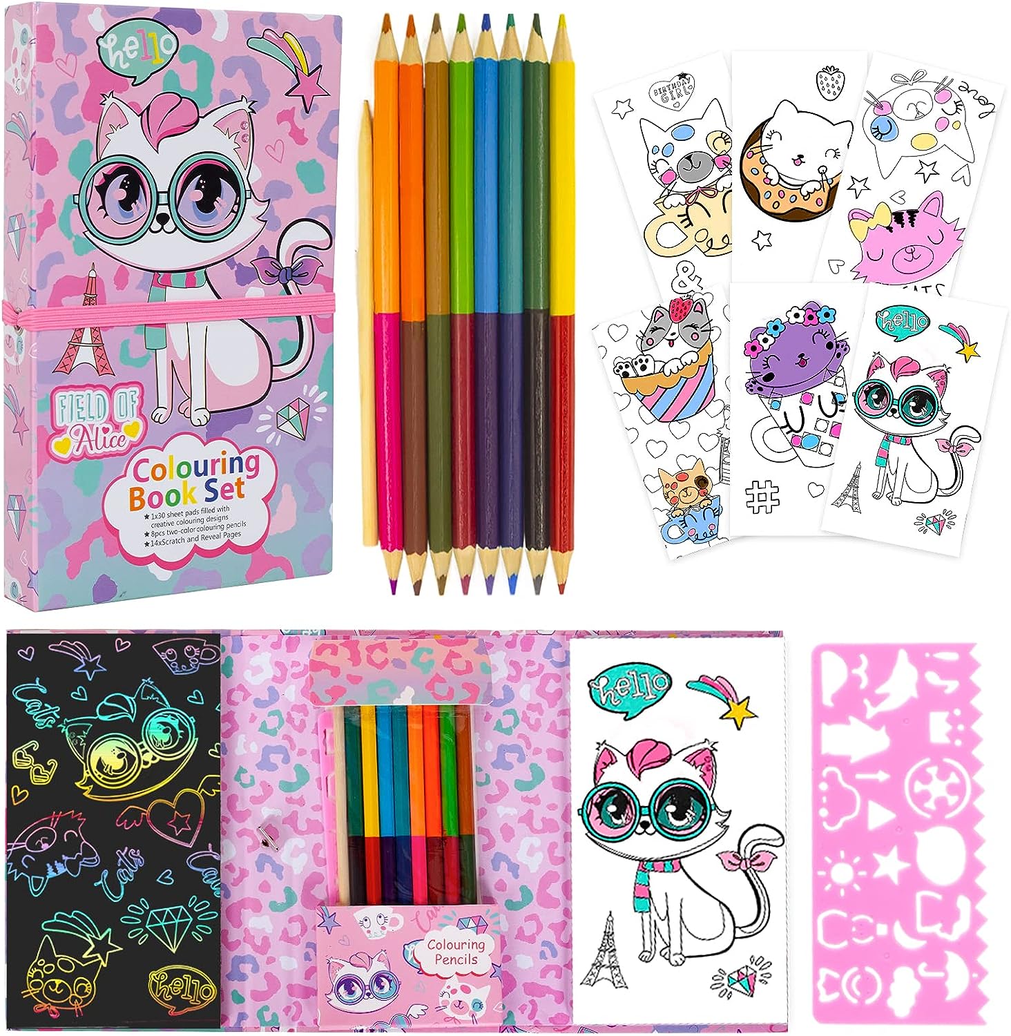 Travel Coloring Kit for Kids- No Mess Cat Coloring Set with 60 Coloring Pages and 8 double sided Coloring Pencils