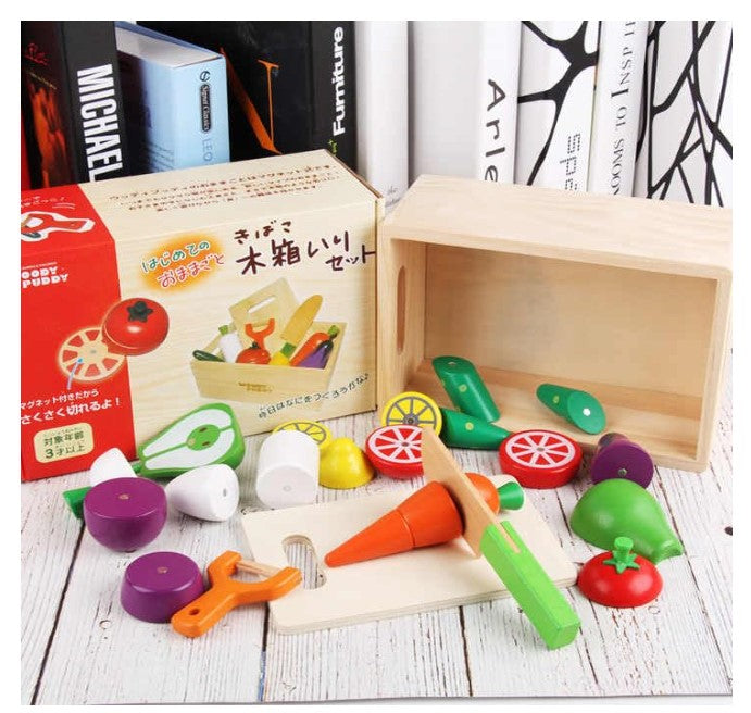 Wooden Vegetable & Fruit Cutter with Wooden Knife & Chopping Board- Kitchen Food Toys Pretend Play Set for Kids-