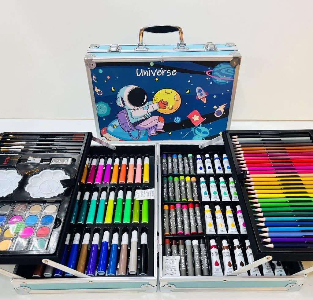 145Pcs Kids Art Set- Includes Oil Pastels, Colored Pencils & Pens, Watercolours & more- BTS Design Aluminium Case