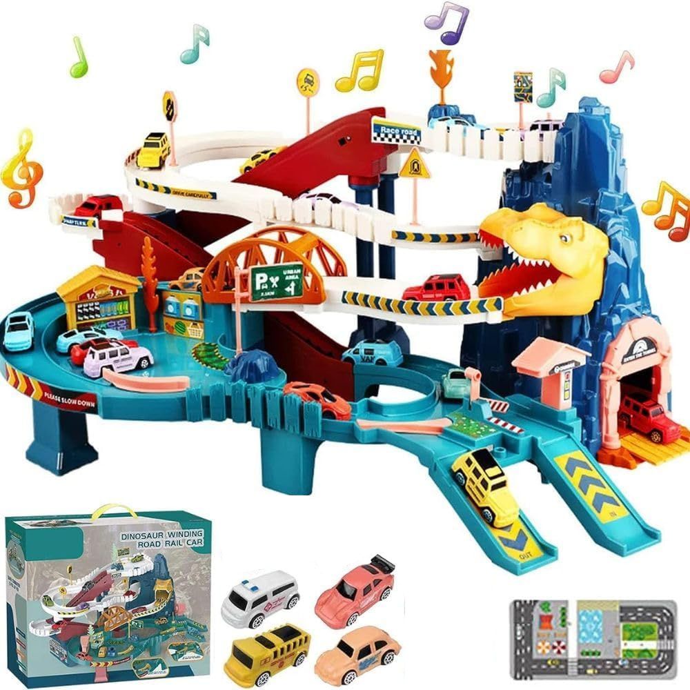 Dinosaur Car Race Track Play Set with 4 Mini Race Cars & Accessories