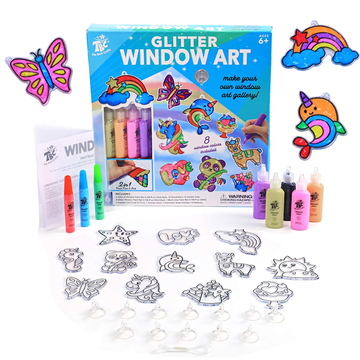 DIY Glitter Window Art for Kids-12 Suncatchers- 8 Peelable Window Paints Stained Glass Effect Acrylic Arts & Crafts Kit