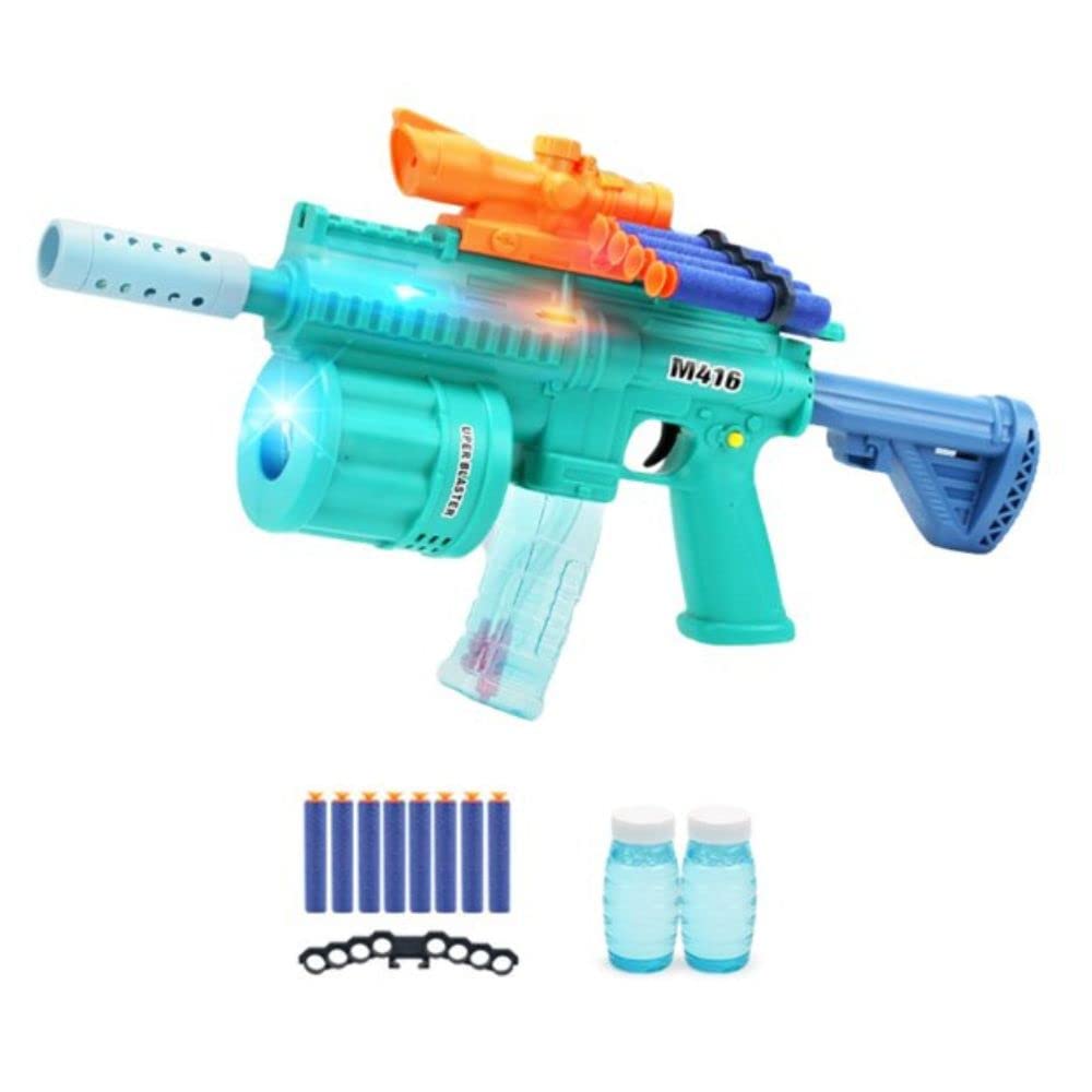 Bubble Gun with Soft Dart Blaster, 8 Music Tones & Light Bubble Blower with 2 Bottles of Bubble Solution (50ml), 8 Soft Bullets| 3 in 1 GunToy