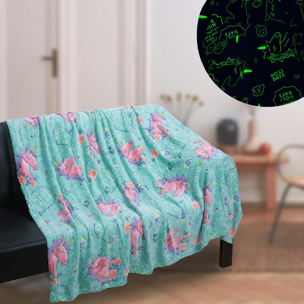 Green Unicorn Glow in The Dark Soft & Cozy Blanket- 80 x 60 inch