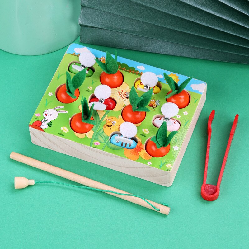 Wooden Montessori Toys- Carrot Harvest Game for Baby, Educational Toy- Shape Sorting & Matching Puzzle, Magnetic Fishing Game