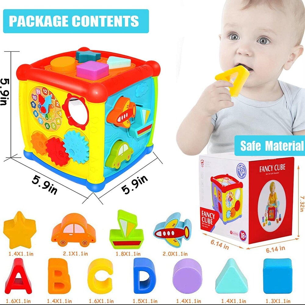 Fancy Cube Activity Toy, Shapes-Colour-Vehicle-Alphabets Sorter Blocks with Music for Babies