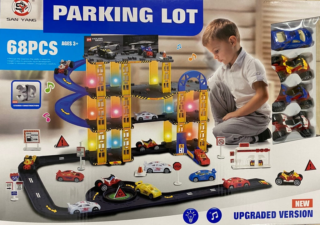 3 Level Parking Lot Garage Toy with 4 Cars- Light & Sound- 68 Pcs