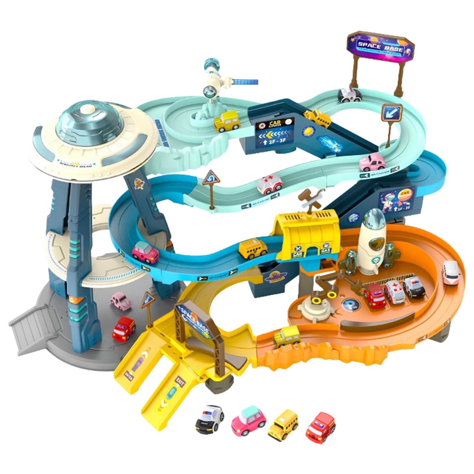 Space Car Track Adventure Toy Playset- Garage Parking Lot Toys for Kids