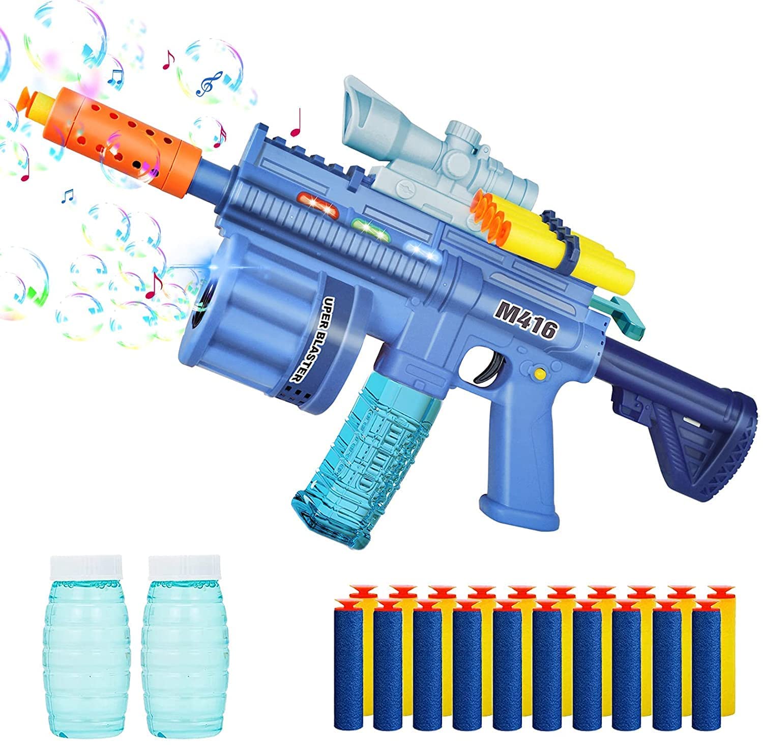 Bubble Gun with Soft Dart Blaster, 8 Music Tones & Light Bubble Blower with 2 Bottles of Bubble Solution (50ml), 8 Soft Bullets| 3 in 1 GunToy