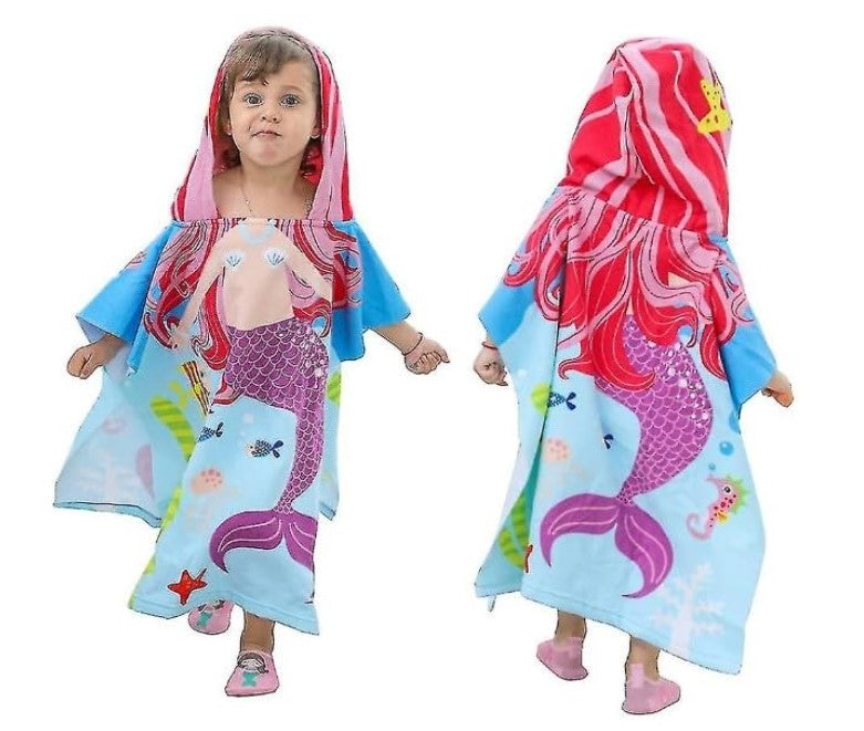 Hooded Purple Mermaid Poncho Kids Beach/Pool/Bath Towels - Lightweight Soft Microfiber Quick Dry Toddler Towel for Ages 4 to 7-29.5inch x 29.5 inch