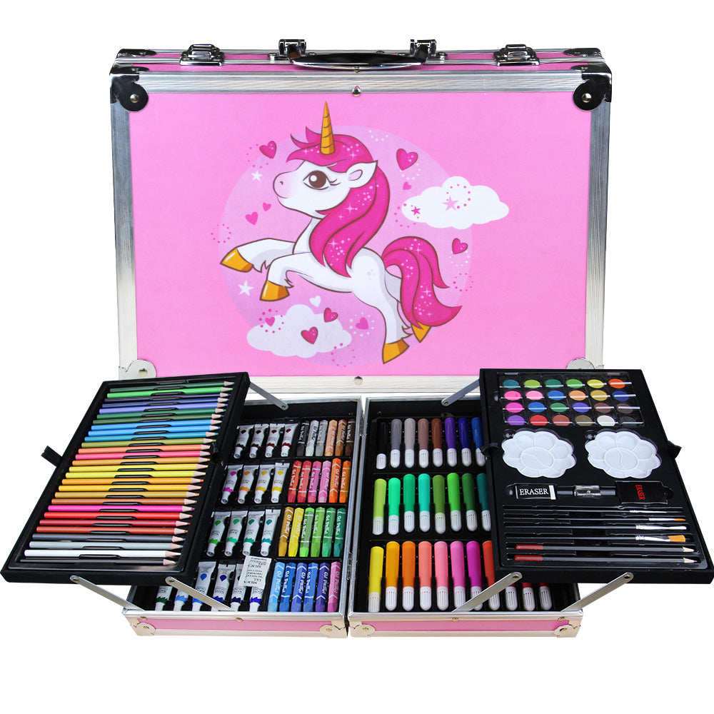 145Pcs Kids Art Set- Includes Oil Pastels, Colored Pencils & Pens, Watercolors & more- Unicorn Blue Aluminum Case