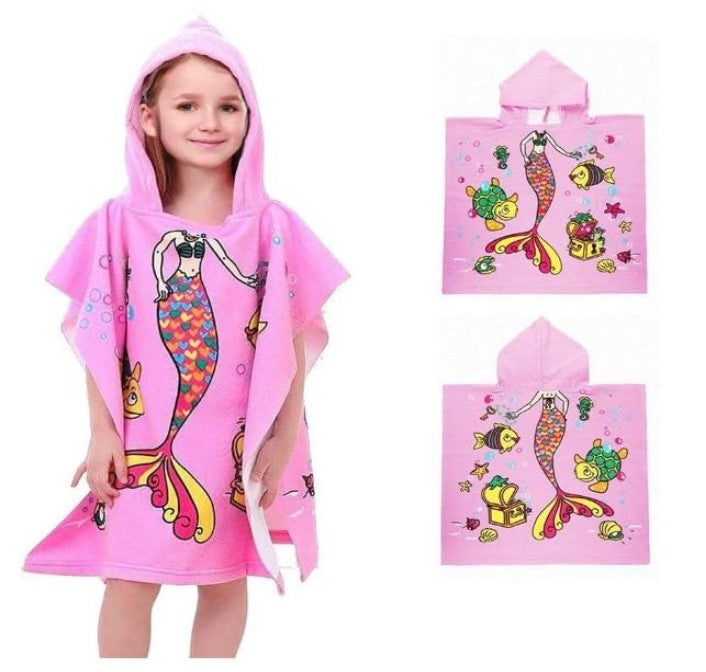 Hooded PIink Mermaid Poncho Kids Beach/Pool/Bath Towels - Lightweight Soft Microfiber Quick Dry Toddler Towel for Ages 4 to 7-29.5inch x 29.5 inch